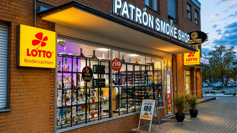 Beleuchtete Fassade des Patron Smoke Shop in Laatzen am Abend